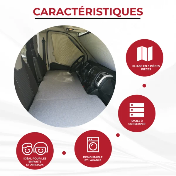 Illustration des caractéristiques du lit cabine Fiat Ducato : pliable, lavable, idéal pour enfants et animaux.
