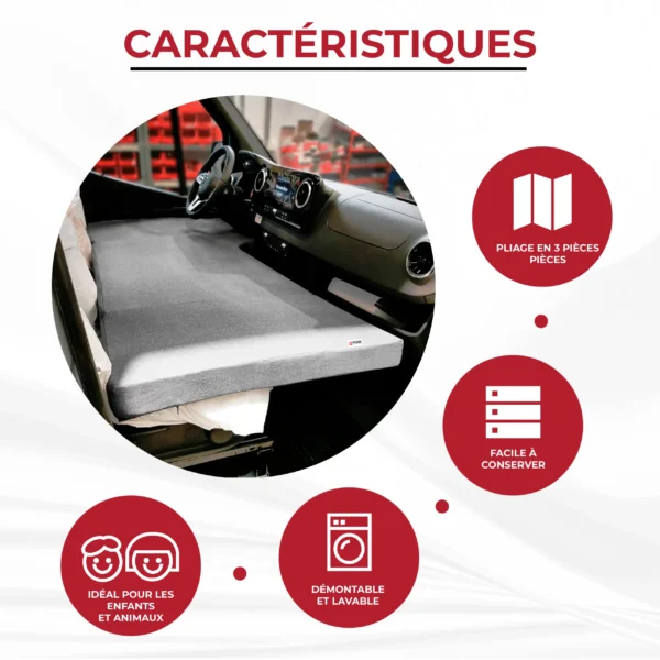 Lit cabine Mercedes Sprinter 2019 avec housse lavable, pliage facile et confort pour enfants ou animaux.