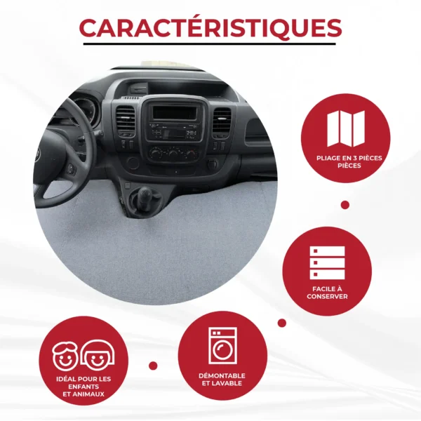Illustration des caractéristiques du lit cabine pour Renault Trafic, pliable, démontable et lavable.