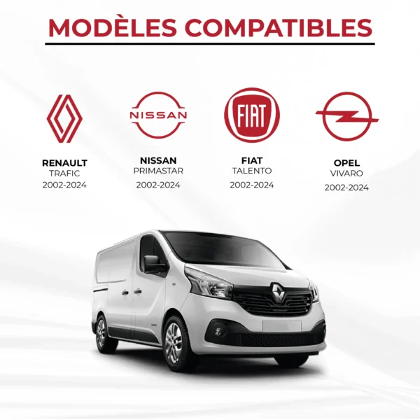 Compatibilité du lit cabine enfant avec Renault Trafic, Nissan Primastar, Fiat Talento et Opel Vivaro (2002–2024).