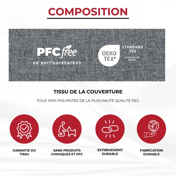 Composition du lit cabine Fiat Ducato avec tissu OEKO-TEX sans PFC, durable et lavable.