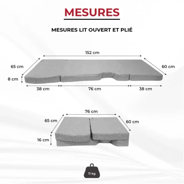 Dimensions complètes du lit cabine plié et déplié pour Transit Custom