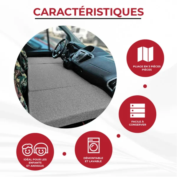 Vue du lit cabine avant entièrement déplié sur les sièges avant du Ford Transit Custom