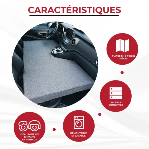 Matelas lit cabine avant installé dans une Mercedes Classe V montrant ses caractéristiques pratiques (pliable, lavable, idéal pour enfants et animaux).