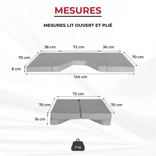 Schéma des mesures du lit cabine avant Mercedes Classe V, ouvert et plié.