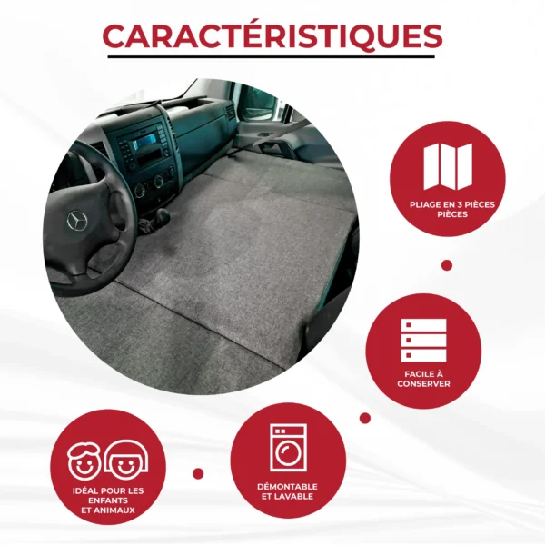Infographie des caractéristiques du lit cabine Mercedes Sprinter : pliable, lavable, compact