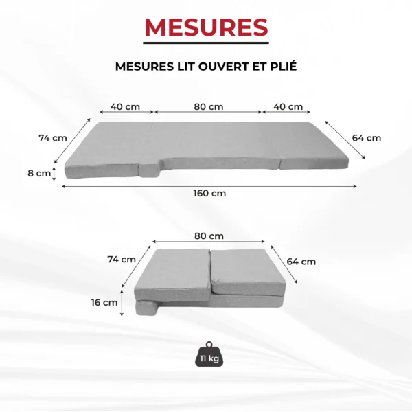 Schéma des mesures du lit de cabine Fiat Ducato, avec dimensions déplié et plié pour faciliter le rangement.